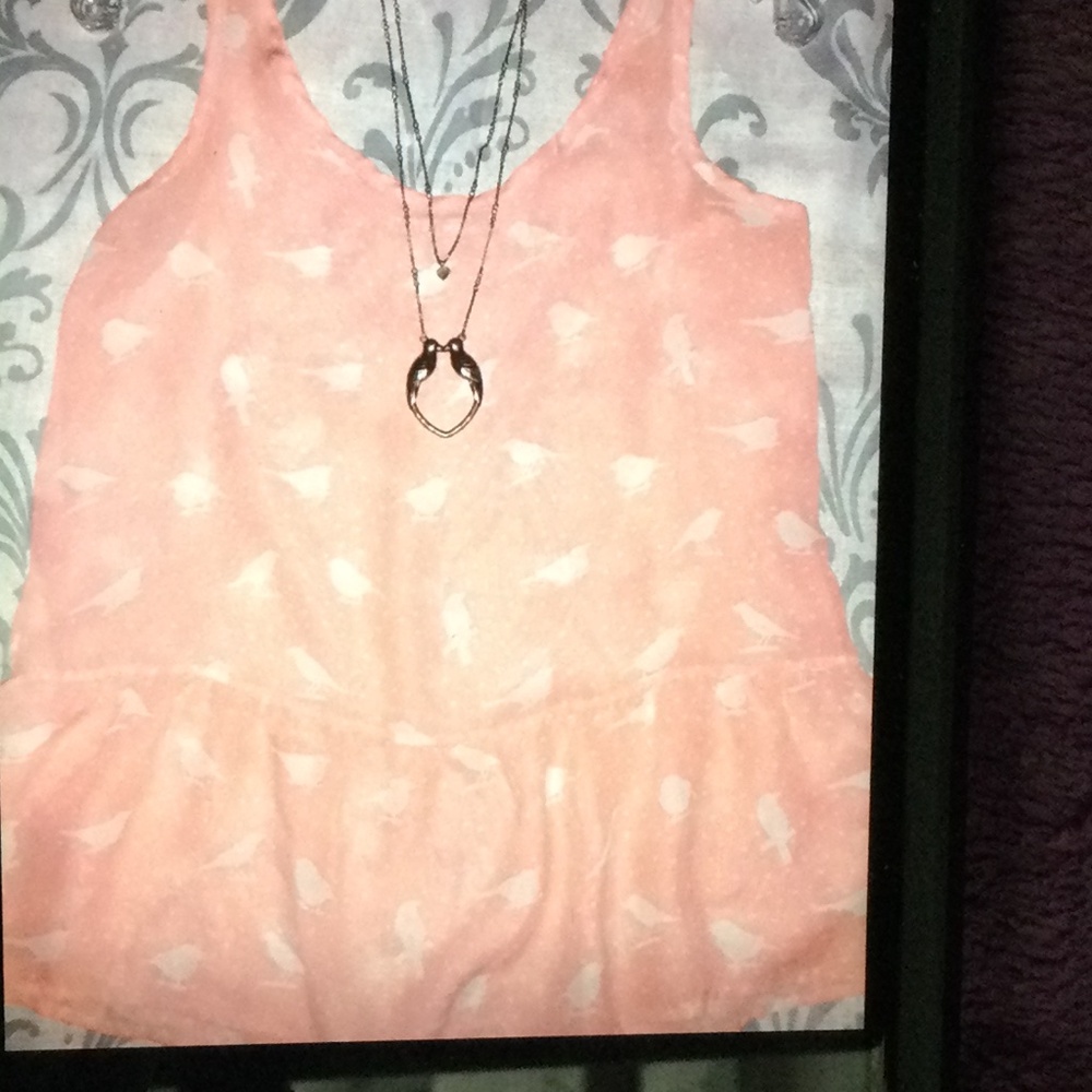 Rolla Coster Small Peachy Coral Sheer Pleated Peplum Tank Birds Polka Dots